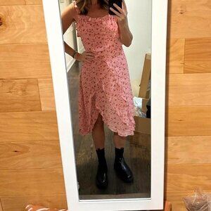 Pink floral dress with ruffles and side slit